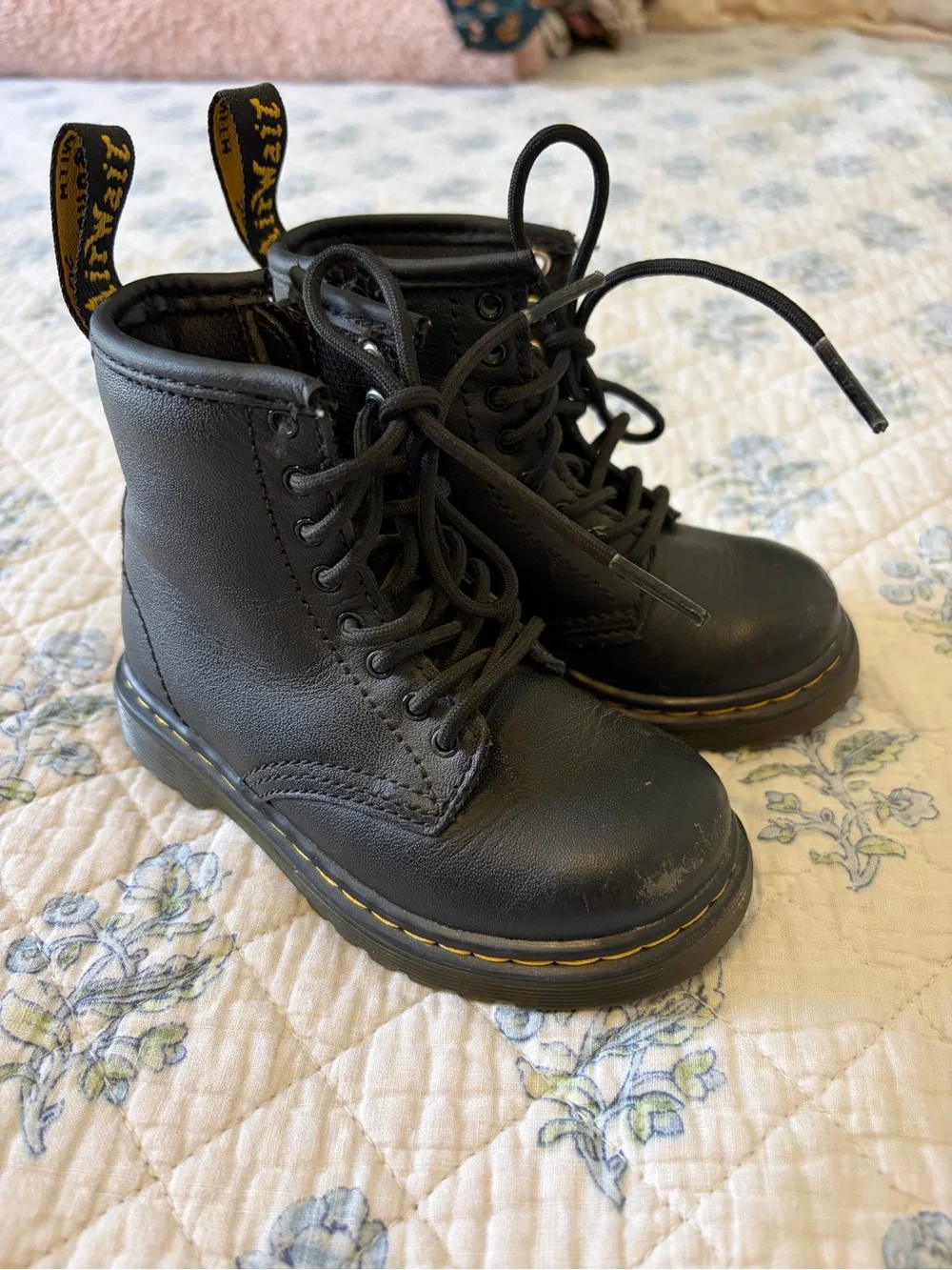 Dr. Martens Black Leather Lace-Up Boots with Yellow Pull Loop